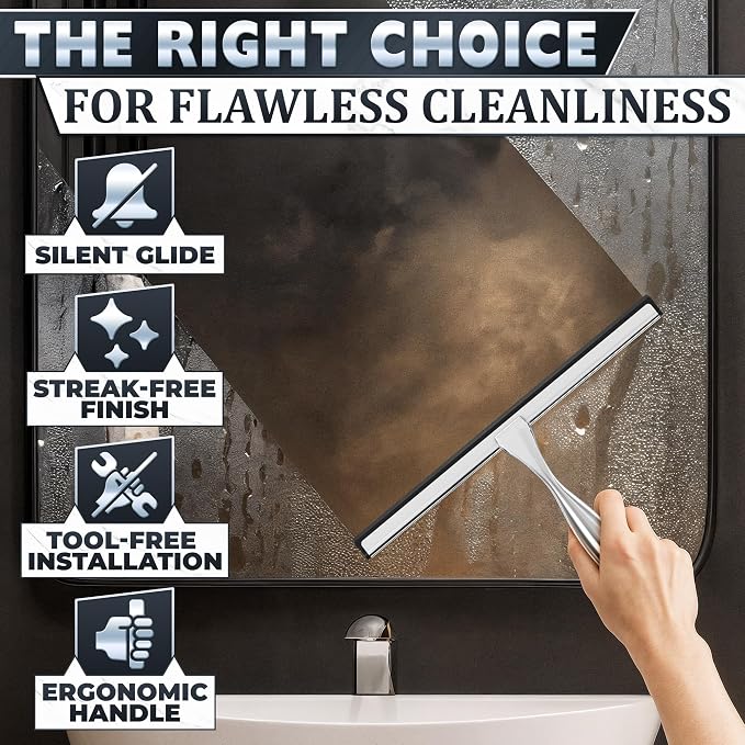 12" Silver Shower Door Squeegee - Stainless Steel Shower Squeegee for Streak-Free Bathroom Glass with Silicone Blade, Adhesive & Hanging Hooks for Mirror, Tile, Window, Car, Multi-Surface Everyday Use