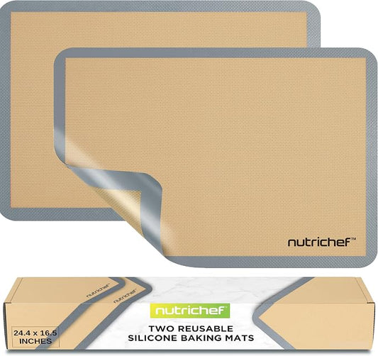 Nutrichef Silicone Baking Mats - 2 Non-stick Food-Grade Silicone Mats - Perfect for Full Baking Pans 24.4 x 16.5 IN - Oven-safe Up to 480 Degrees F - Suitable for Ovens, Freezers, & Dishwashers - Grey