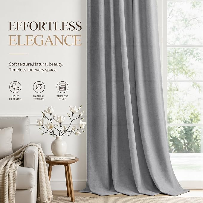 Hokibero Grey Linen Curtains 90 Inches Long Drape for Living Room 2 Panels | Light Filtering Semi Sheer Curtain, Back Tab Rod Pocket Pleated Look, Gray Privacy Drapes for Bedroom Window, Boho Farmhouse