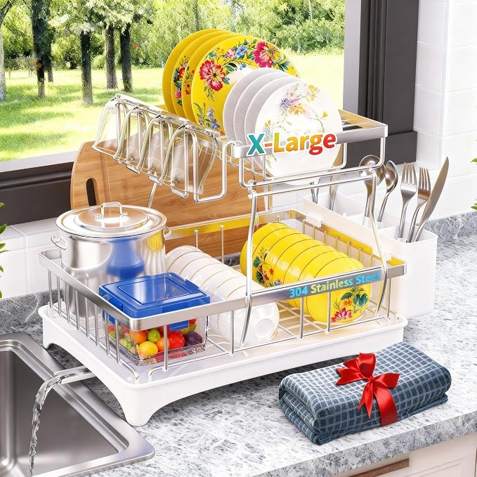Godboat 2-Tier Dish Drying Rack - 304 Stainless Steel Dish Rack Auto Drain | Dish Racks for Kitchen Counter, Dish Drainer with Knife Fork & Cup Rack, Gifts for Women, Mothers Day, Kitchen Gadget, Silver