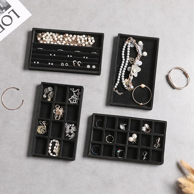 Frebeauty Jewelry Trays for Drawer,Set of 9 Jewelry Organizer and Storage | Velvet Material,Earring Holder Organizer,Stackable Jewelry Display for Vanity,Drawer Inserts for Rings,Studs,8.3×4.9 inch