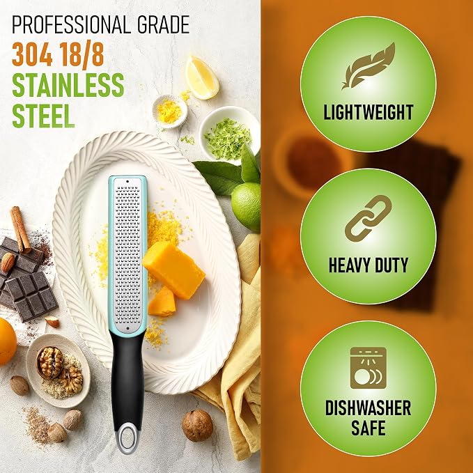 Spring Chef Premium Lemon Zester Grater with Handle - Fruit, Lime, Orange, Nutmeg, Garlic Grater - Heavy Duty Kitchen Tool - Stainless Steel Citrus Zester with Blade Cover - Fine Shred - Mint/Black