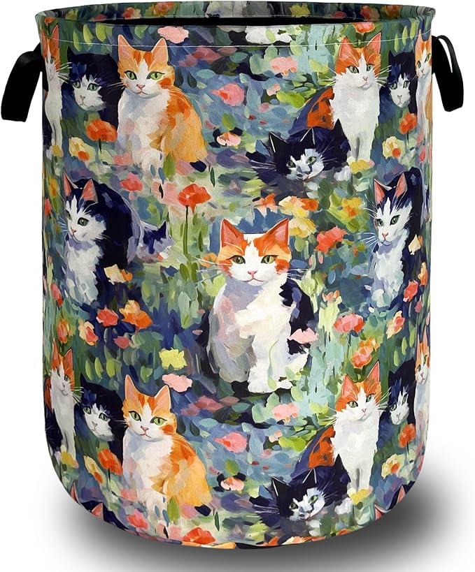 Watercolor Cats Laundry Hamper Oxford Cloth Basket 18.9"x16.5" | Foldable Cute Animal Cat Laundry Basket With Handle Portable Clothes Storage Organizer Bag For Laundry Room/Bathroom/Bedroom