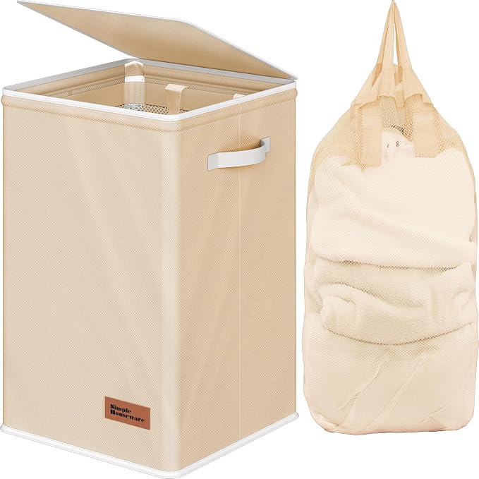 Simple Houseware Foldable Laundry Hamper Basket with Lid and Bag, Beige | Heavy Duty 600D Polyester, Water-Resistant Surface