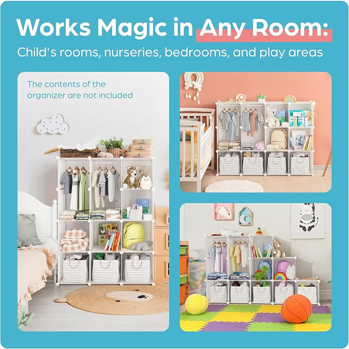 CUBEDIY Baby Closet Organizer for Nursery: Durable Baby Wardrobe for Closet - Customizable Baby Dresser Amoire Shelves - Waterproof Shelf Clothes Organizer w/Wall Fixation (White)