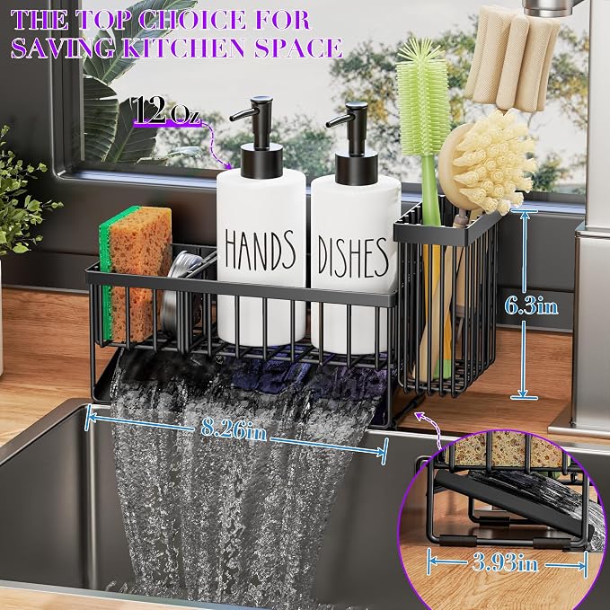 MASADI Kitchen Dish Soap Dispenser Set with Sponge Holder, 12OZ Glass Bottle, Hand and Dish Soap Dispenser Set, Non-Slip Silicone Pad, Brush Holder, Kitchen Sink Organizer Countertop (Black+White)