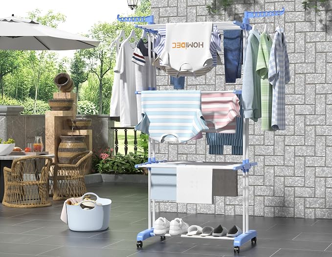 HOMIDEC Clothes Drying Rack, 4-Tier(67.7" H) Foldable Drying Rack Clothing | Foldable Stainless Steel Drying Rack, Movable Laundry Drying Rack with 4 Castors and 14 Hooks for Bed Linen, Clothing, Blue