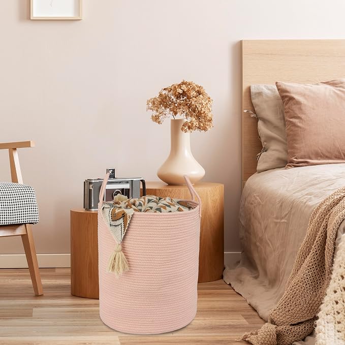 XUANGUO Cotton Rope Laundry Basket Hamper for Clothes, coral pink | Woven Storage Basket for Living Room Bedroom Boho Tall Rope Baskets for Blanket Toys Pillow Towels Baby Nursery Hamper Bin
