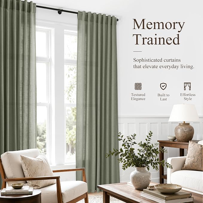 Hokibero Sage Green Linen Curtains 84 Inches Long Drapes for Living Room | Light Filtering Sheer Curtain 2 Panels, Back Tab Pocket Pleated Look, Green Privacy Drape for Bedroom Window, Boho Farmhouse
