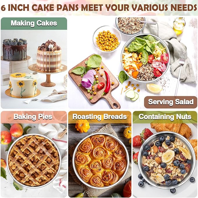 P&P CHEF Cake Pans Sets for Baking, 4" + 4" + 6" + 6" 4 Piece Stainless Steel Round Cake Pans Tin, Oven/Pot/Dishwasher Safe, Combination of Different Sizes, Leak-proof & Easy Clean