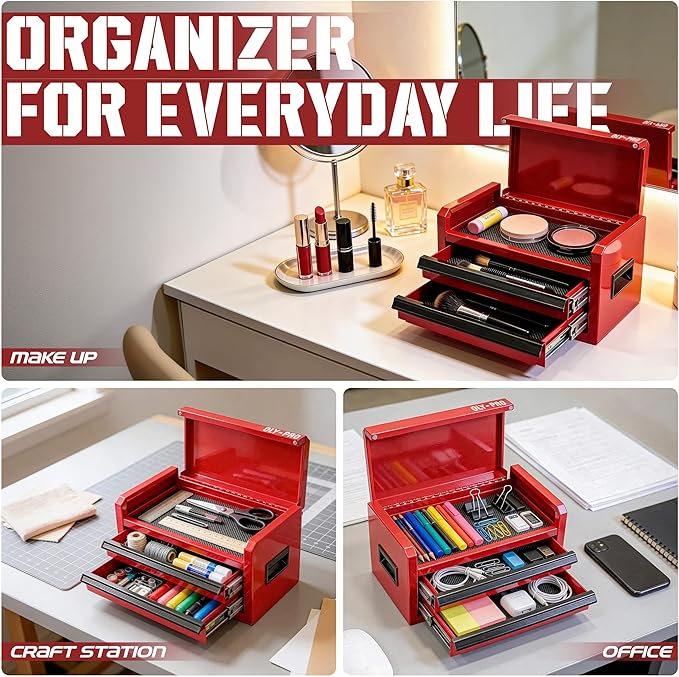 Mini Toolbox with 2 Drawers and Top Storage, Durable Steel Construction with Ball-Bearing Slides, Multi-Purpose Portable Tool Boxes Case Organizer for Garage, Red