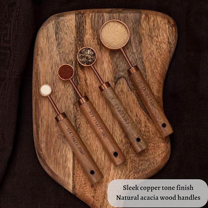 Copper Stainless Steel Measuring Cups and Spoons Set of 8, Wooden Handle with US and Metric Measurements