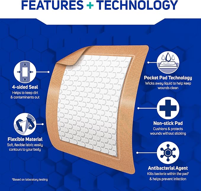 Care Science Fabric Adhesive Pad Bandages, Extra Large, 3in x 4in, 30 Count | Flexible + Breathable Protection for First Aid and Wound Care. Great for Large Areas like Arms, Legs, Back & Stomach