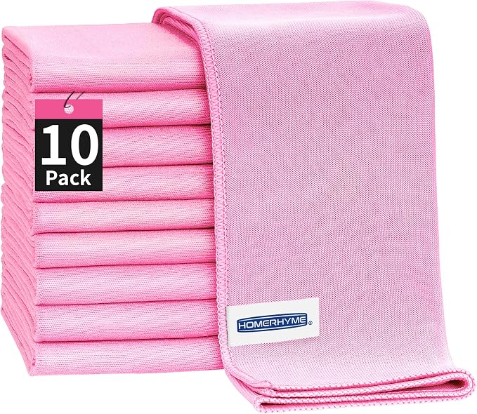 Microfiber Cleaning Cloth - 10 Pack Glasses Cleaning Cloth, 16" x 14" Window Cleaning Rags, Streak Free Lint Free Polishing Cloths Wipes for Eye Glass, Stainless Steel, Windshield, Pink