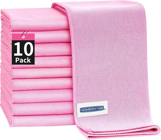 Microfiber Cleaning Cloth - 10 Pack Glasses Cleaning Cloth, 16" x 14" Window Cleaning Rags, Streak Free Lint Free Polishing Cloths Wipes for Eye Glass, Stainless Steel, Windshield, Pink