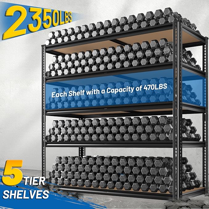 ROOMFAVE 40" W Storage Shelves 5 Tier Garage Shelving Heavy Duty,2350LBS Adjustable Metal Shelving Unit, Garage Shelves for Basement, Warehouse, Pantry, Closet, 72.1" H x 40" W x 20" D, Black,3PCS