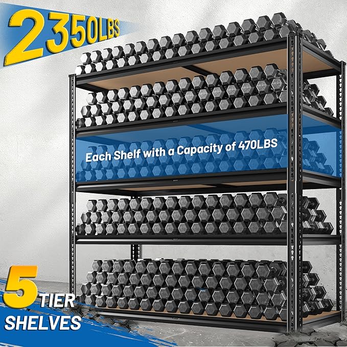 ROOMFAVE 40" W Storage Shelves 5 Tier Garage Shelving Heavy Duty,2350LBS Adjustable Metal Shelving Unit, Garage Shelves for Basement, Warehouse, Pantry, Closet, Kitchen 72.1" H x 40" W x 20" D, Black