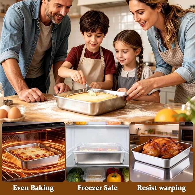 LIANYU 9 x 9’’ Baking Pan with Lid, 9 Inch Square Cake Pan for Lasagna Brownie, Stainless Steel Commercial Deep Baking Dish Set, Oven & Dishwasher Safe Sheet Bakeware (1 Pan +1 Lid)