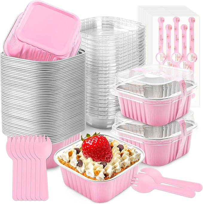 NPLUX 50 Pcs Mini Cake Pans with Lids and Spoons Aluminum Foil Mini Square Baking Cups with Lids Disposable Ramekins Cake Pans Dessert Cups for Wedding, Graduation Gifts Party Favors(Pink,5oz)