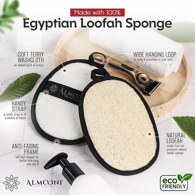 Almooni Natural Exfoliating Loofah for Men, Lightly Abrasive Egyptian Loofah Body Scrubber for Men, Dual-Sided with Cotton Back, Hand Strap, Black, 2-Count