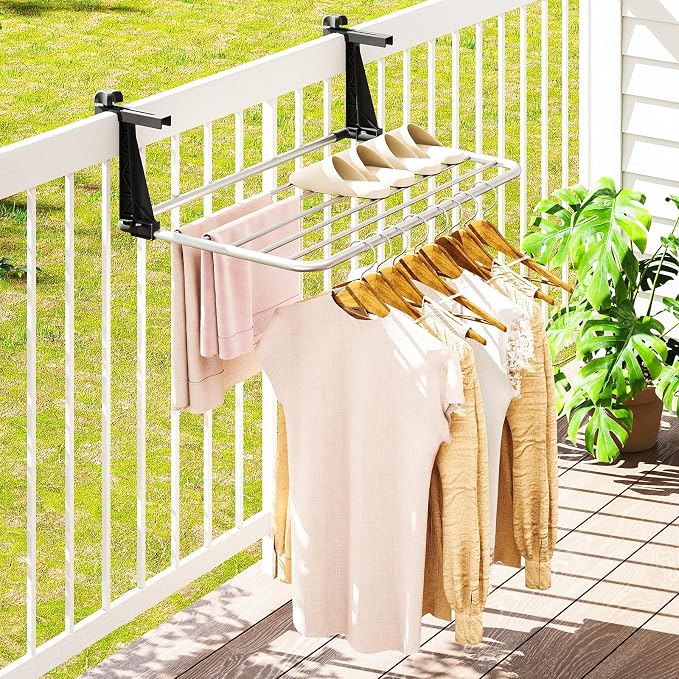 Giantex Portable Clothes Drying Rack, 25.5" Aluminum Hanging Laundry Rack with Adjustable and Foldable Brackets, Radiator Airer, Indoor Outdoor Towel Rack for Balcony Railings, Windowsill