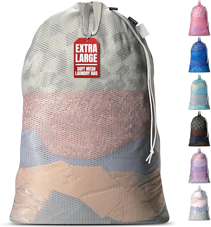Handy Laundry Mesh XL Laundry Bag 24"x36" with Shoulder Strap, Grey | XL 24x36 Mesh Laundry Bag, Handles & Shoulder Strap, Breathable, Machine Washable, Dorm Travel Bedding, Grey