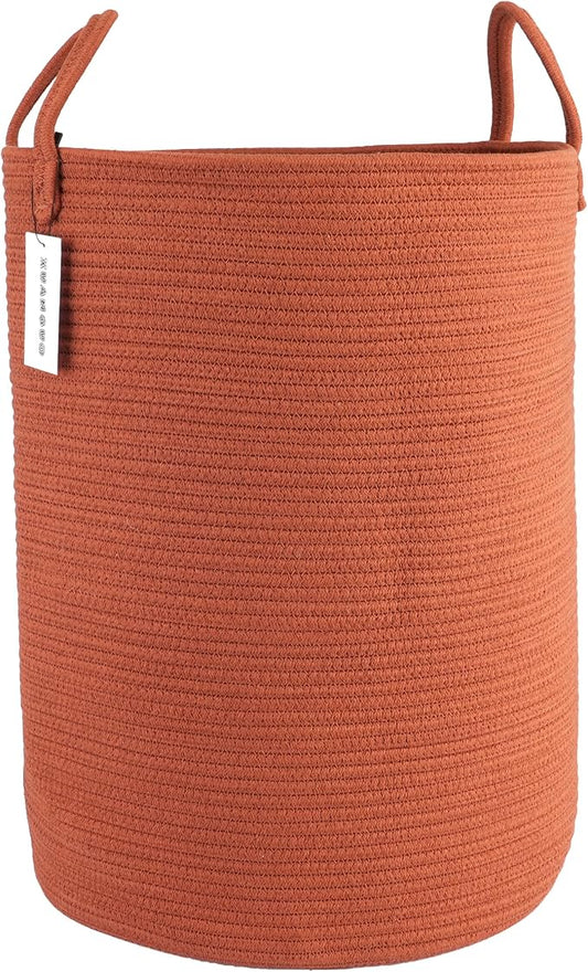 XUANGUO Cotton Rope Laundry Basket Hamper for Clothes Large Rust Red | Baby Nursery Hamper Bin and Woven Storage Basket for Living Room Bedroom Boho Tall Rope Baskets Blankets Toys Pillows Towels