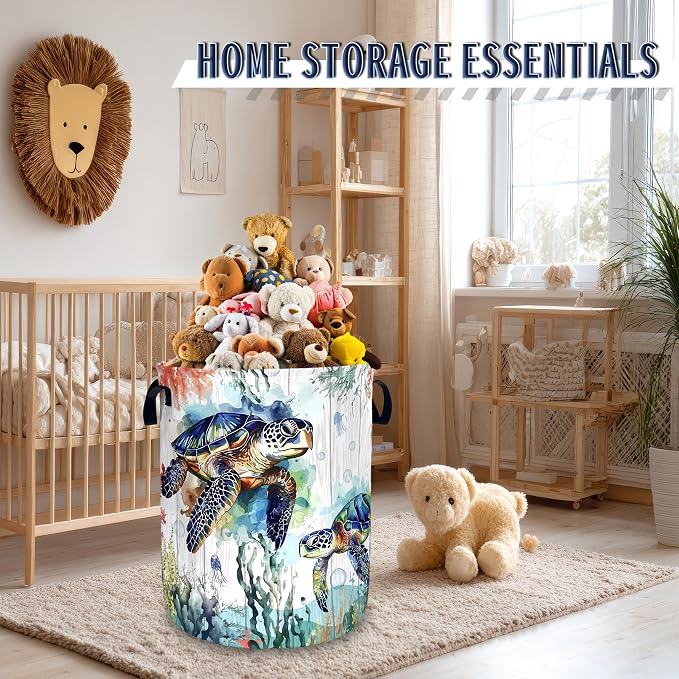Funny Ocean Sea Turtle Laundry Basket Oxford Cloth Cute Turtles Laundry Hamper With Handle Foldable Portable Clothes Storage Basket Ocean Laundry Bag 18.9"x16.5" For Laundry Room/Bedroom/Bathrooms