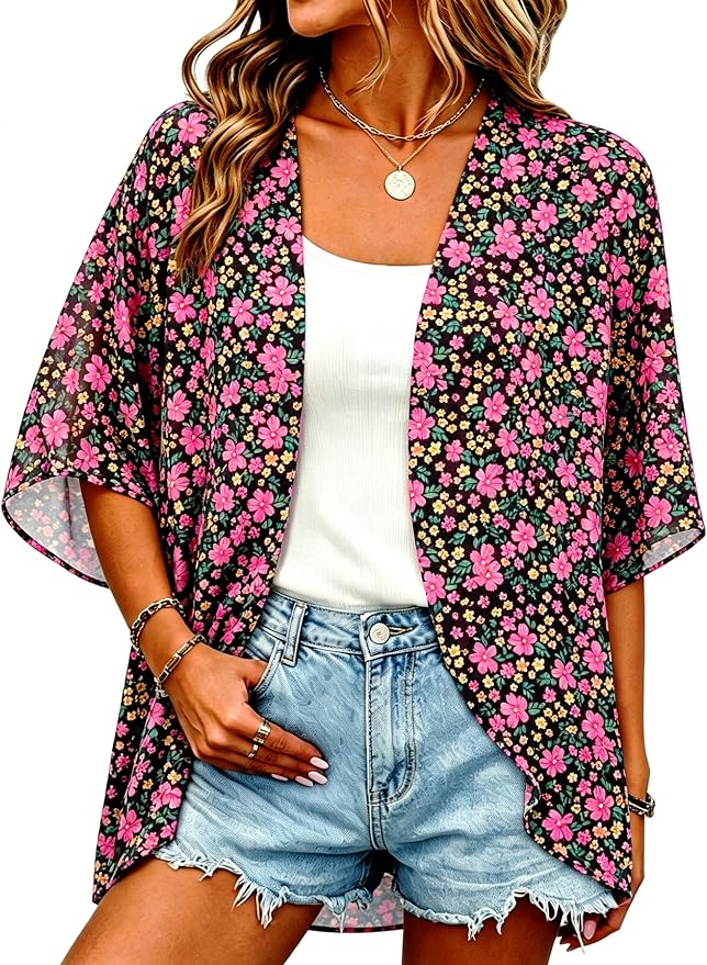 Women Kimono Cardigans Summer Cover Up Hawaiian Shirts Floral Print Tops | ROSEMIA chiffon kimono open front cardigans, beach cover ups, daily casual tops, cruise outfits, summer resort wear