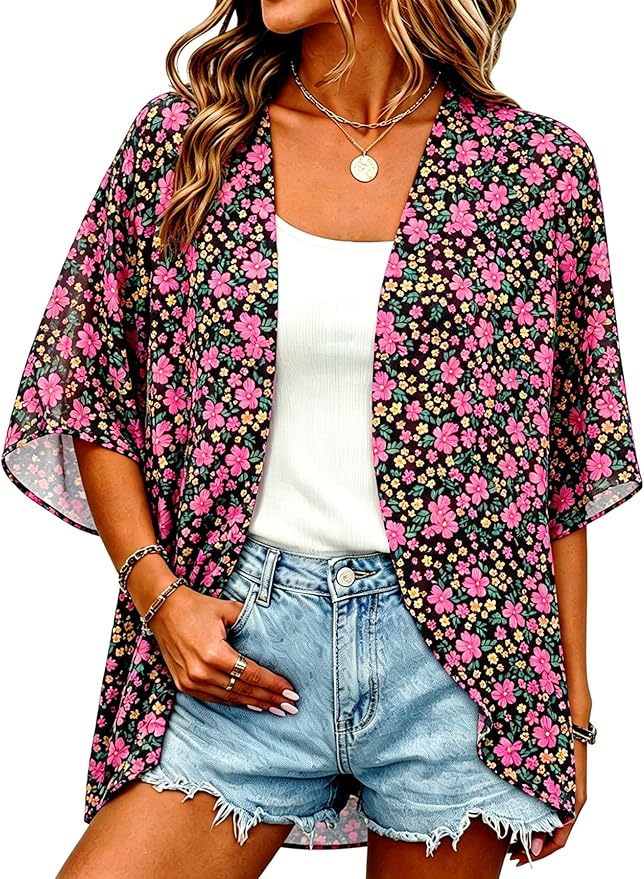 Women Kimono Cardigans Summer Cover Up Hawaiian Shirts Floral Print Tops | ROSEMIA chiffon kimono open front cardigans, beach cover ups, daily casual tops, cruise outfits, summer resort wear