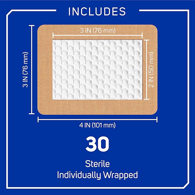 Care Science Fabric Adhesive Pad Bandages, Extra Large, 3in x 4in, 30 Count | Flexible + Breathable Protection for First Aid and Wound Care. Great for Large Areas like Arms, Legs, Back & Stomach