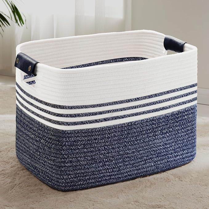 100L Woven Laundry Basket Hamper with Leather Handles,Denim Blue | collapsible wicker hamper, storage for dirty clothes, toys, blankets, gifts, living room, bedroom, bathroom, 24"x16"x16"