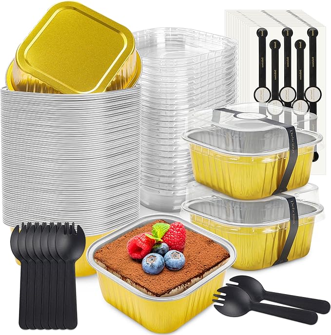 NPLUX 50 Pack Mini Cake Pans with Lids and Spoons Aluminum Foil Pans Square Cake Tins for Bakery Party Wedding, Graduation Gifts Party Favors(Gold,5 oz)