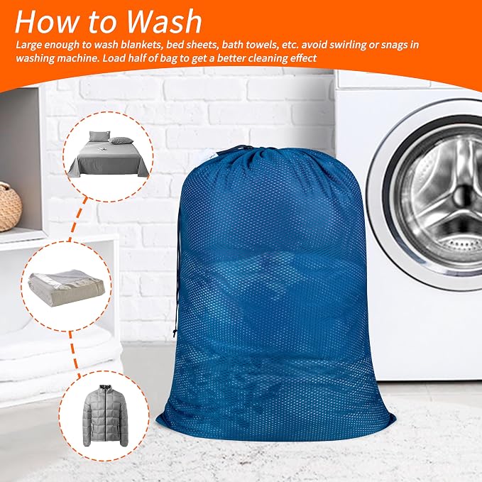 2 Pack Heavy Duty Diamond Mesh Laundry Bag, 24x36", Blue | Drawstring & ID Tag, Breathable Mesh, Machine Washable, Commercial Grade, , For College Dorms, Travel, Sports Equipment