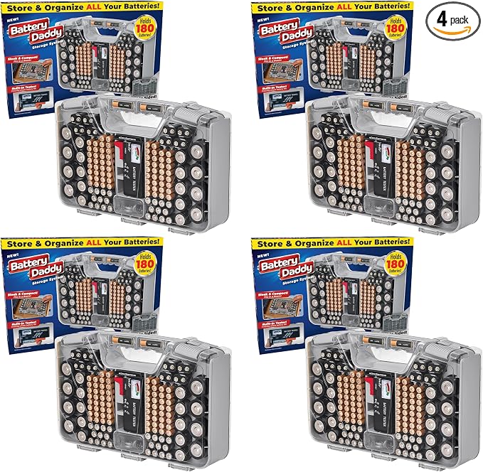 Battery Daddy Storage&Organizer Case w/Tester,Stores&Protects Up to 180 Batteries,Double-Sided,Clear Locking Lid,Secure Latches_&Portable Carrying Handle-Warm Grey (Batteries Not Included) (Pack of 4)