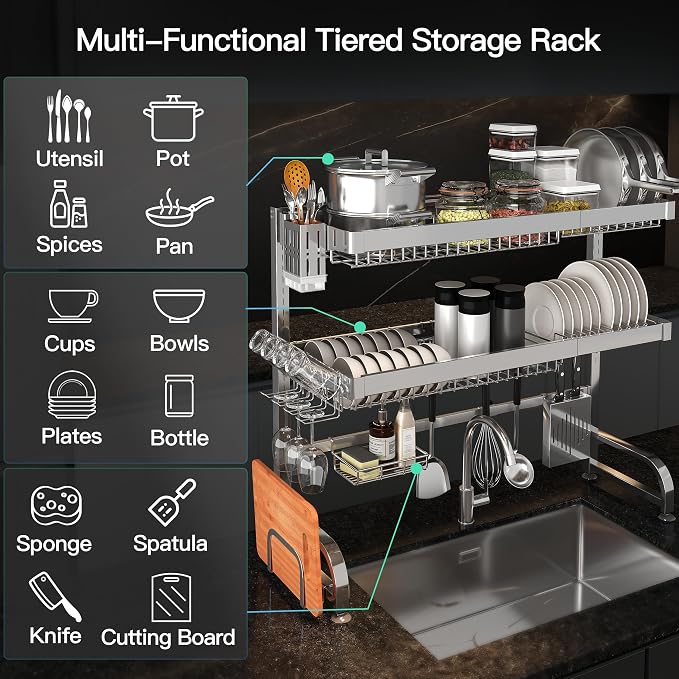 MAJALiS 3 Tier Extra Large Stainless Steel Expandable Over The Sink Dish Drainer Drying Rack, Rust Proof Metal, Space Saving, Modern Silver Big Capacity Extendable Plate Strainers Kitchen Counter
