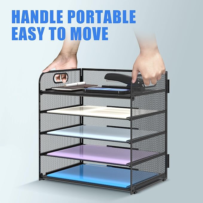 Supeasy 2 Pack 5-Tier Desk Organizer with Handle Mesh Desk File/Paper Organizer Letter Tray for Office, School, Classroom and Home Easy Installation, Black