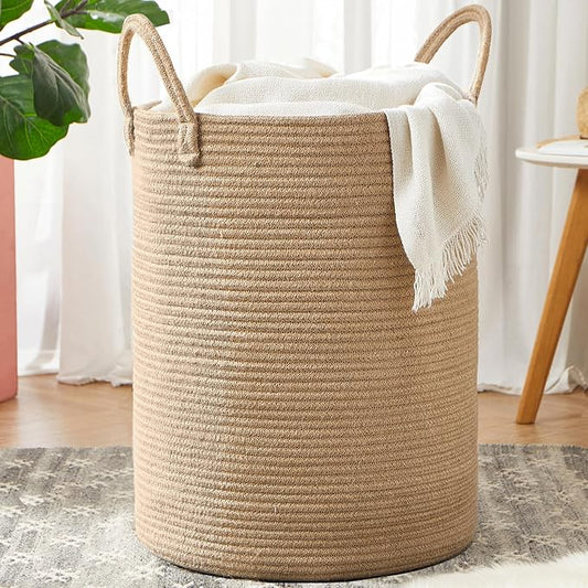 80L Large Jute Woven Laundry Hamper Tall Wicker Laudnry Basket | Rope Clothes Hamper Boho Blanket Basket in Living Room Bedroom 16"D x 22"H Extra Large
