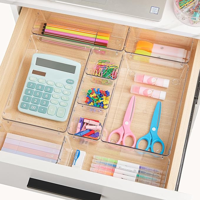 Vtopmart 15 PCS Clear Plastic Drawer Organizers Set, Vanity Organizer Trays | 4-Size Versatile Makeup Organizer, Non-Slip Storage Containers for Makeup, Jewelries, Bedroom，Kitchen Utensils and Office