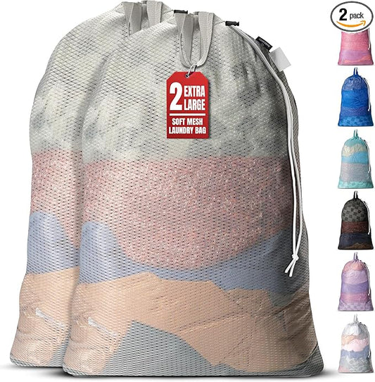 Handy Laundry Mesh XL Laundry Bag 24"x36" 2-Pack with Shoulder Strap, Grey | 2-Pack, XL 24x36 Mesh Laundry Bag, Handles & Shoulder Strap, Breathable, Machine Washable, Dorm Travel Bedding, Grey