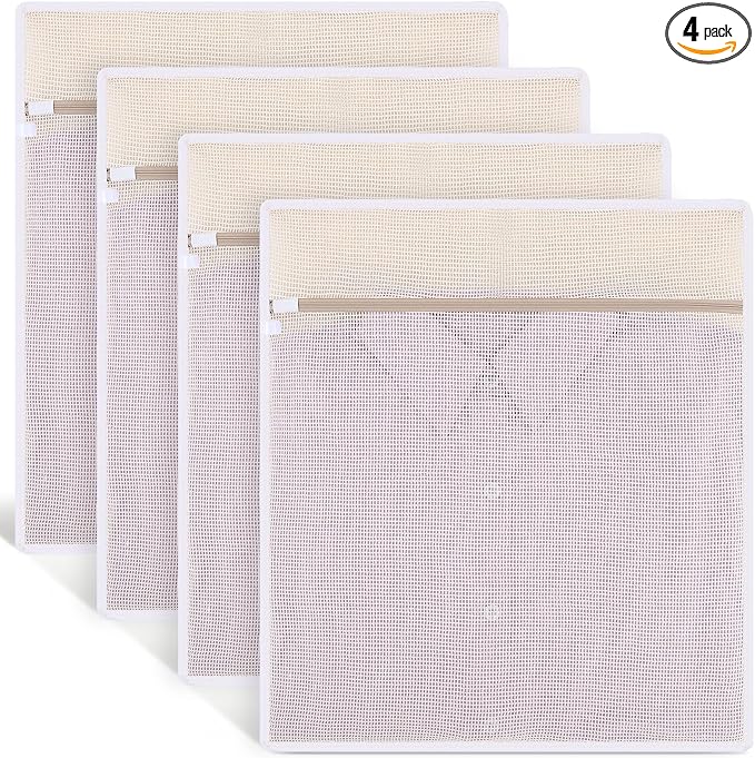 4 Pack Durable Cotton Mesh Laundry Bags for Delicates - 16×20inch Laundry Bags Mesh Wash Bags with Sturdy Zipper for Underwear Bras Socks Clothes Storage Natural Cotton Washing Machine Safe