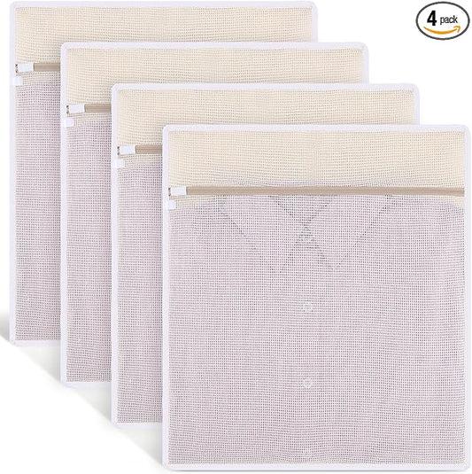 4 Pack Durable Cotton Mesh Laundry Bags for Delicates - 16×20inch Laundry Bags Mesh Wash Bags with Sturdy Zipper for Underwear Bras Socks Clothes Storage Natural Cotton Washing Machine Safe