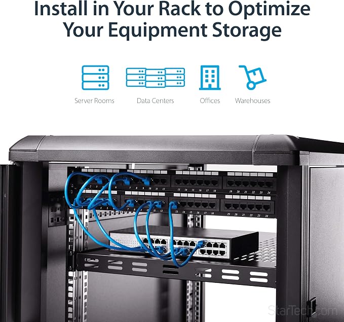 StarTech.com 1U 4-Post Adjustable Vented Server Rack Mount Shelf - 330lbs(150 kg) - 19.5 to 38in Adjustable Mounting Depth Universal Tray 19" AV/ Network Equipment Rack - 27.5in Deep (ADJSHELFHDV) | 19.5-38in adjustable mounting depth, 27.5in deep univ...
