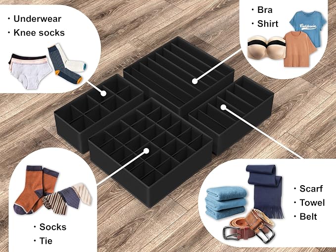 Simple Houseware 4-Pack Drawer Organizer Set for Underwear/Socks/Bra, Black | Closet Dividers for Underwear, Socks, Bras, Scarves, Ties - Foldable Non-Woven Storage Boxes