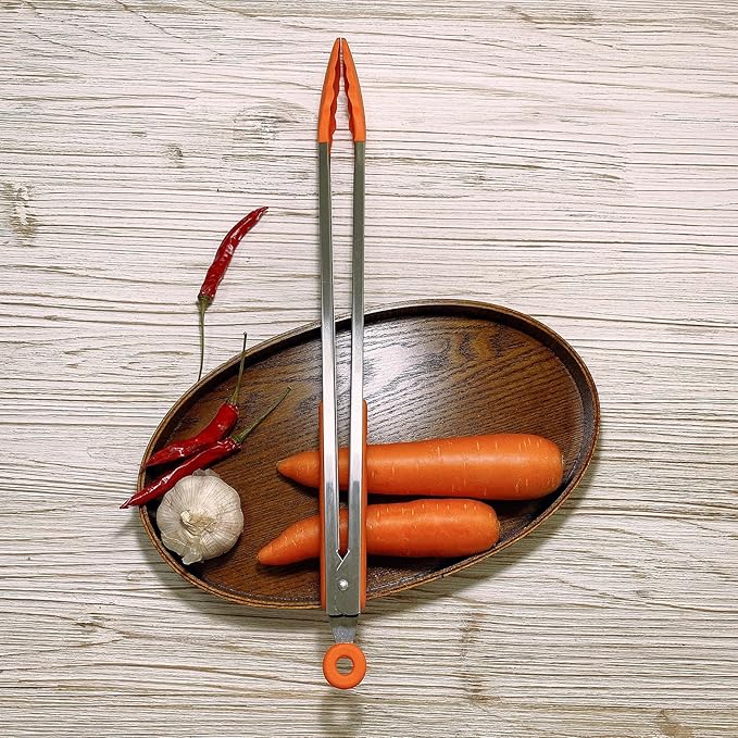 18 inch Extra Long Grill Tongs (1 orange + 1 yellow), with Silicone Tip Head, Stainless Steel Barbecue Tongs with Long Handle, Large Sized Food Tong