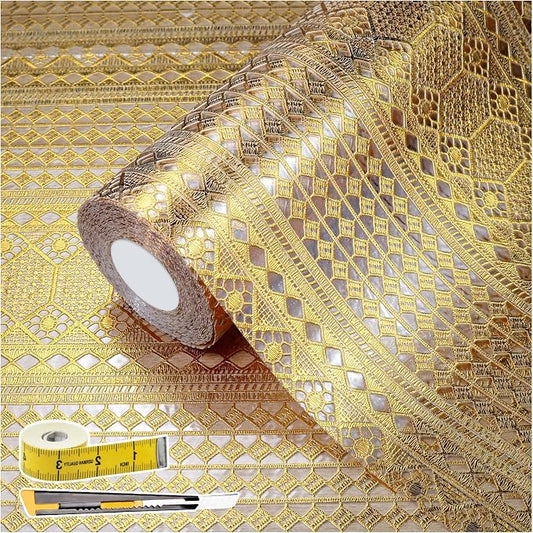 Drawer and Shelf Liner - Gold Geometric Lace Pattern,Non Adhesive | Non Slip Waterproof Easy-Clean Shelf Liner for Kitchen Cabinet, Bathroom, Pantry Storage Drawers, 17 in x 20 Ft