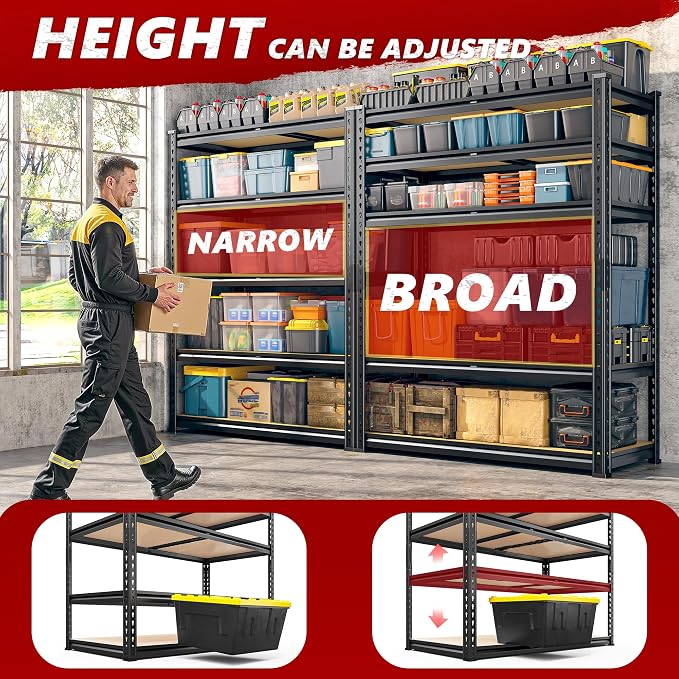 REIBII 2400LBS Storage Shelves 5 Tier Garage Shelving Heavy Duty Adjustable Garage Shelves, Utility Rack Shelf, Shelving Units for Storage Warehouse Pantry Closet, 35.5" W x 11.9" D x 72" H, 4 Pack