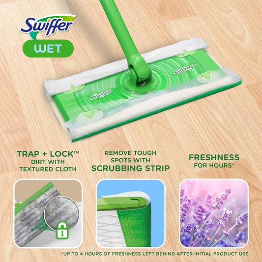 Swiffer Sweep + Mop, Wet Pads Refill, Floor Cleaner for Dirt, Dust, Hair, Cleaning Cloths for Mopping Home, Bathroom, Kitchen, All Purpose Multi-Surface Floor Wipes, Lavender, 12ct