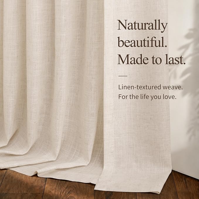 Hokibero Cream Linen Cafe Curtains 48 Inches Long for Kitchen 2 Panels | Light Filtering Semi Sheer Curtain, Back Tab Pocket Pleated Look, Short Drapes for Living Room Bedroom Window, Boho Farmhouse