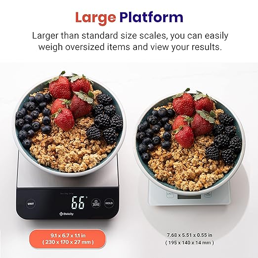 Etekcity 22lb Food Kitchen Scale, USB Rechargeable, IPX6 Waterproof | Digital scale with grams & ounces, 1g precision, 5 weight units, tare, ideal for baking, meal prep, Stainless Steel, Silver